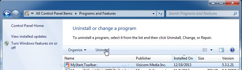 [Image: Uninstall MyStart Search Protection malicious programs from Windows]