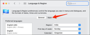انقر فوق علامة التبويب "تطبيقات" في إعدادات "اللغة والمنطقة".