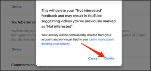 حدد "حذف" في المطالبة "تعليقات غير مهتم على YouTube".