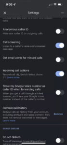 شاشة إعدادات تطبيق Google Voice