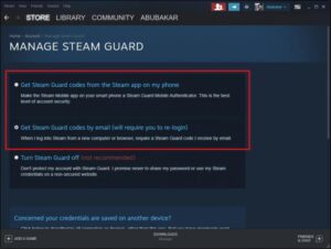 حدد خيار الحصول على أكواد Steam Guard التي تفضلها