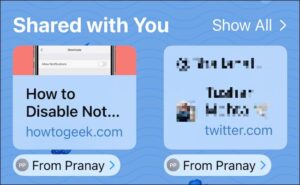 يظهر قسم "تمت مشاركته معك" في صفحة بداية Safari على iPhone.