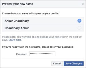 تحقق بعناية وانقر فوق حفظ التغييرات للحصول على اسم Facebook جديد