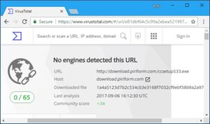 نتائج VirusTotal مع عدم اكتشاف برامج ضارة.