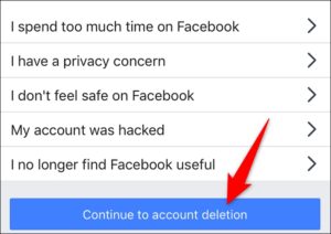 حدد "متابعة إلى حذف الحساب" في الجزء السفلي - تعطيل أو حذف فيسبوك من ايفون