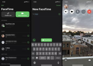 ثلاث لقطات شاشة لتطبيق iPhone FaceTime مع تمييز أزرار FaceTime وFaceTime الجديدة.