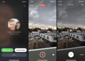 ثلاث صور لـ FaceTime على iPhone مع تمييز تسجيل الفيديو، والإيقاف، والحفظ، وإعادة الالتقاط، والسهم الأخضر.