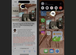 تم تمييز مؤشر مشاركة الشاشة وزر مشاركة الشاشة أثناء مكالمة FaceTime على iPhone.