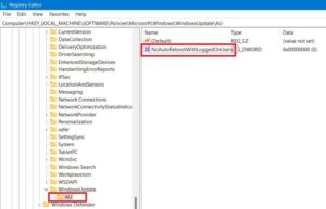 إدخالات NoAutoReboot وAU في محرر التسجيل ضمن مفتاح WindowsUpdate.