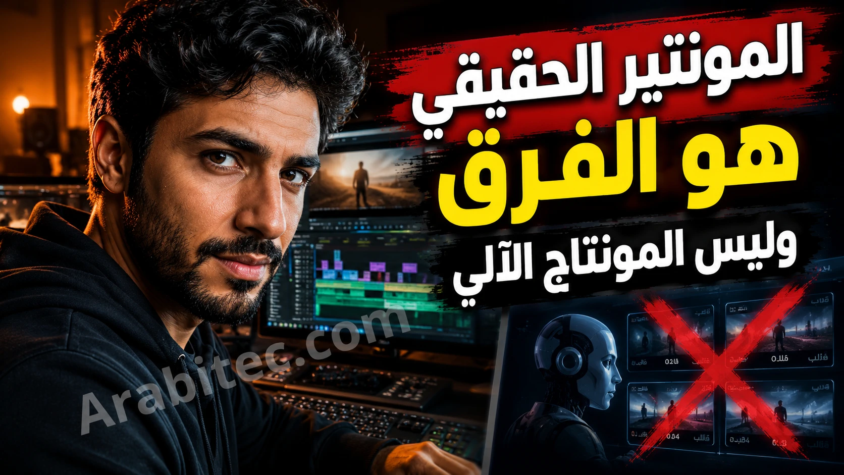 مونتير فيديو حقيقي يعمل أمام شاشة المونتاج مع مقارنة واضحة بين اللمسة البشرية والمونتاج الآلي بالذكاء الاصطناعي